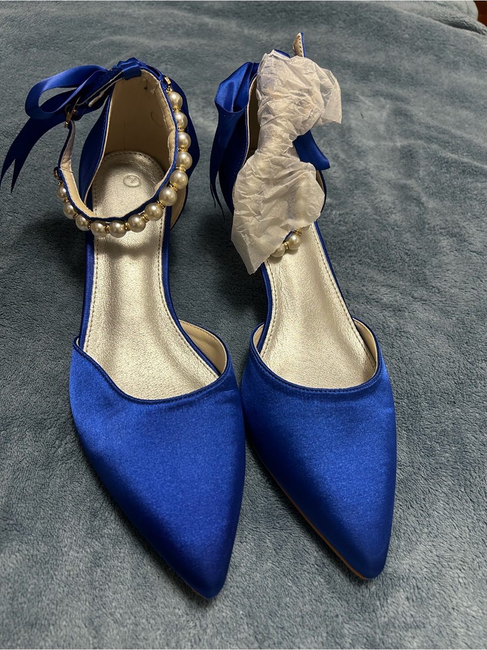 Elegant Royal Blue Satin Ankle-Tie Pointed Kitten Heels with Pearl Detail
